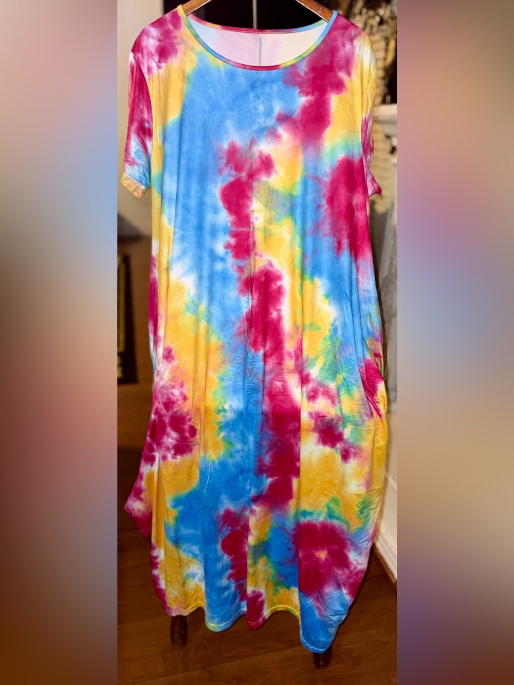 Pre-Loved Multicolor Tie-Dye Maxi Skirt — Bold Blue, Pink & Yellow